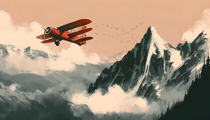 red biplane flying over mountain, illustration, digital painting, Generative AI