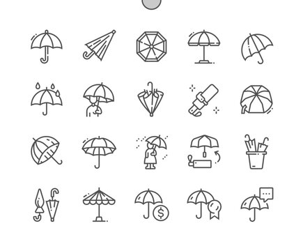 Umbrella. Rain protection. Umbrella stand. Pixel Perfect Vector Thin Line Icons. Simple Minimal Pictogram