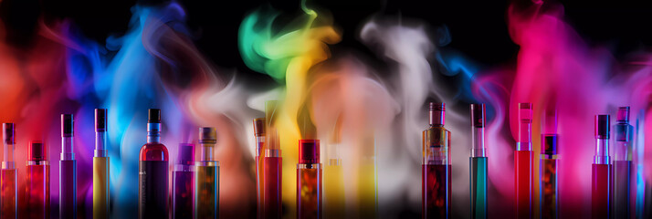 Vaping fruits covered in multicolor smoke. Background. Colorful vape. Widescreen. Created by Generative AI