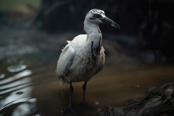 Naklejka premium Dirty white bird standing in muddy puddle. Ecological problem environmental pollution. Generative AI