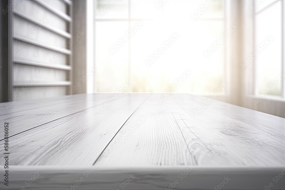 Poster wooden table with a view of a scenic landscape through a window. generative ai