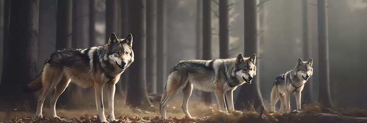 Wolve Pack in front of a forest. Highly detailed wolves. Nature Background. Wallpaper. Widescreen. Superwide. Created by Generative AI - obrazy, fototapety, plakaty