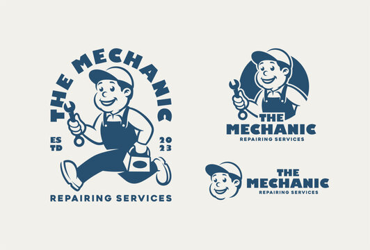 Mechanic Man, Handyman, Repairman Logo for Service, Repair or Maintenance Logo. Vintage Cartoon Mascot.