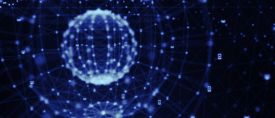 Global social network. Future. Blue futuristic background with planet Earth. 3d illustration.