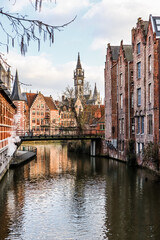 The river and medieval houses of Ghent, a city in the Flemish region of Belgium. Travel concept