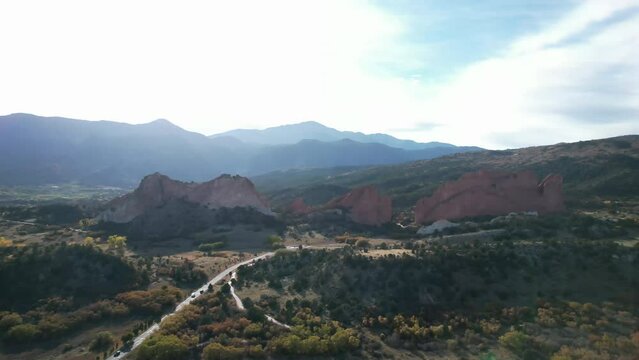 Garden of the Gods, natural rock Formation, 8th Wonder of the World. 4K aerial video, located in Colorado Springs, Colorado USA. 