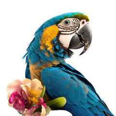 Fototapeta premium an island-themed photographic illustration of a blue, yellow and green parrot macaw with pink flowers on a transparent background in PNG. T-Shirt Design. Generative AI