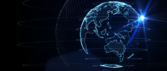 Blue futuristic background with planet Earth. Composition, representing the global, network connection, international meaning. Global social network. 3d illustration.