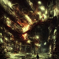 Large abandoned warehouse look cluttered designed in cyberpunk style, Boy standing and look at this place, Artwork by generative ai.