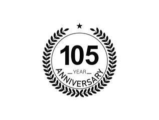 105 years anniversary logo template isolated on white, black and white background. 105th anniversary logo.
