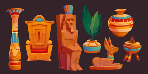 Ancient Egyptian god and pharaoh statues, throne, vase and column for palace, temple or tomb. Pyramid interior objects, sculpture of pharaoh and anubis, vector cartoon set