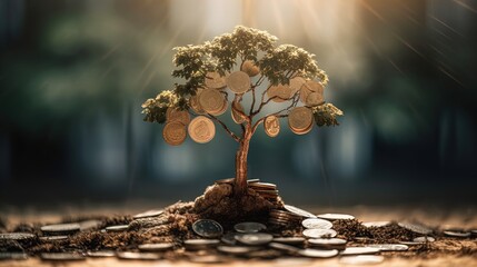Financial Growth Concept of a Money Tree: Tree Sprouting from Money Coins in 8K created with generative ai technology