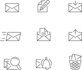 Mail outline icon set. Vector set contains envelope, mail, sending, inbox, searching and more. Editable stroke