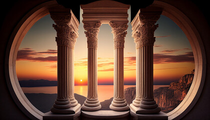 Ancient marble pillars in elliptical arrangement. Generative AI - obrazy, fototapety, plakaty