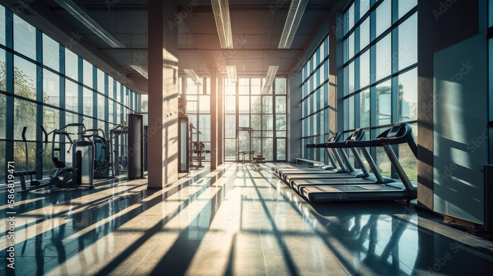 Sticker Modern gym interior with fitness equipment and exercise machines. Sports hall with large windows. Generative AI