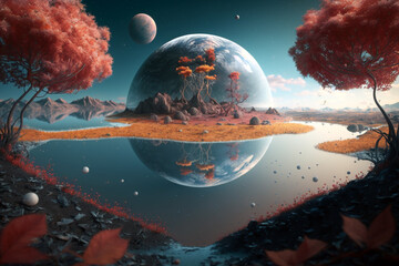 Space landscape, deep space, beautiful planet with puddle. Generative ai concept art