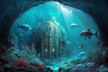 Fototapeta premium Underwater kingdom, a wonder and mystery under the sea. Generative ai illustration