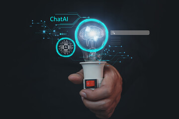 Ai tech, businessman show virtual graphic Global Internet connect Chatgpt Chat with AI, Artificial Intelligence. using command prompt for generates something, Futuristic technology transformation.
