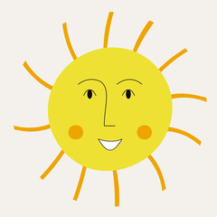 Smiling sun, abstract personage, mascot design, funny face, cute icon.
