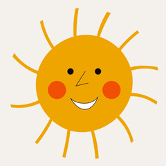 Smiling sun, abstract personage, mascot design, funny face, cute icon.