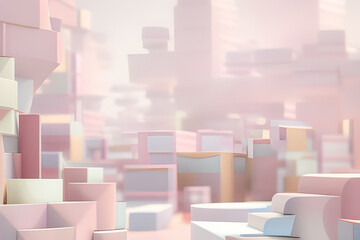 Ilustracja w pastelowych kolorach, sześciany przypominające pudełka, budynki do wykorzystania przykładowo jako tło, część ilustracji rozmazana, miejsce na tekst. Wygenerowana przy użyciu AI.