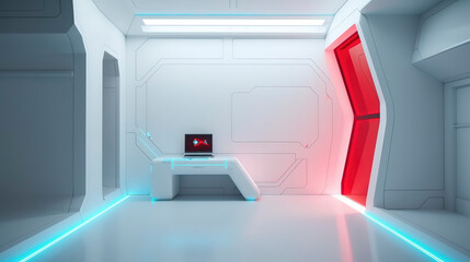 minimal room backdrop, home office inside minimal spaceship interior, white walls, a portal window that opens to space stars galaxy, lit with red and teal neon