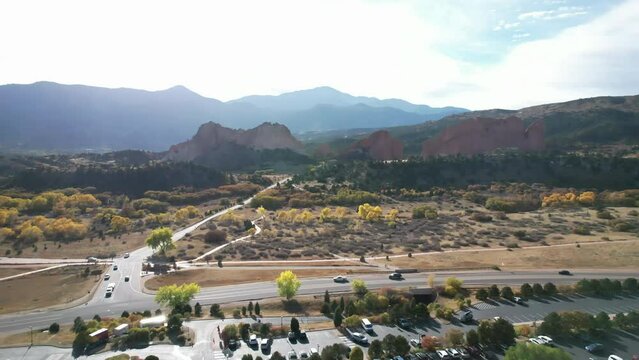 Garden of the Gods, natural rock Formation, 8th Wonder of the World. 4K aerial video, located in Colorado Springs, Colorado USA. 