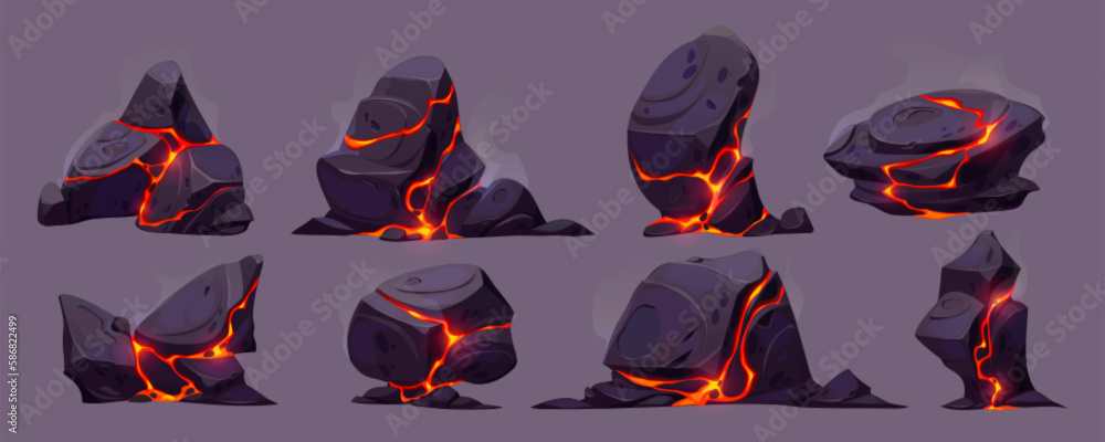 Aufkleber lava rock with crack and light texture vector volcano set. fire and magma in broken stone effect wit