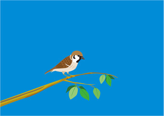 青空の木の枝に止まっている切り絵風のスズメのイラスト