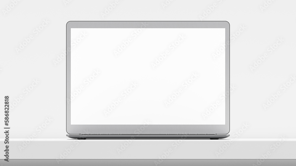 Poster laptop mock-up white color on work desk in white room. designed in minimal concept. can be used in e