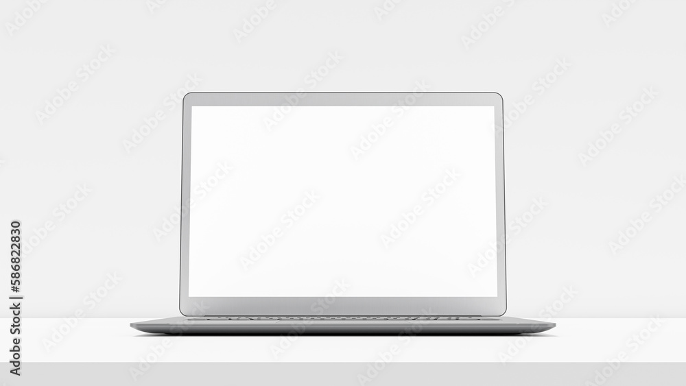 Poster laptop mock-up white color on work desk in white room. designed in minimal concept. can be used in e