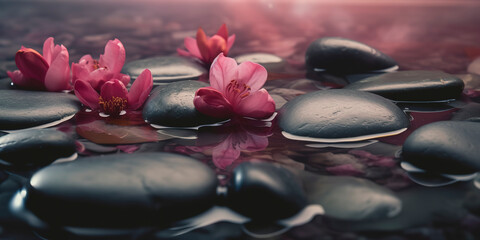 Obraz na płótnie Canvas pink spa flowers on spa hot stones on water wet background. Generative AI