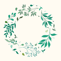 Hand drawn green leaf design element set on a beige background. plant foliage, botanical and leaves elements.