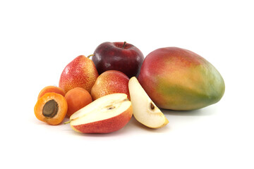 Mango, pears, apricot and apple isolated on white
