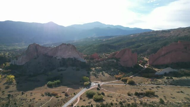Garden of the Gods, natural rock Formation, 8th Wonder of the World. 4K aerial video, located in Colorado Springs, Colorado USA. 