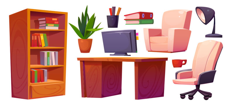 Modern work desk office room interior cartoon vector set. Isolated business table and chair design illustration with computer and workspace elements. Company cabinet with shelf, armchair and lamp.