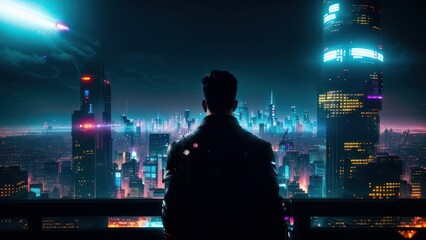 Person in the futuristic city background. Generative Ai