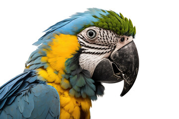 Obraz premium a Blue and Gold Macaw portrait, cheeky and fun, in wildlife-themed, photorealistic illustrations on a transparent background cutout in PNG. Generative AI