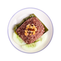 Northern Thai food (Khao Kan Chin or Khao Ngiao), Steamed rice mixed with pork blood in banana leaf 