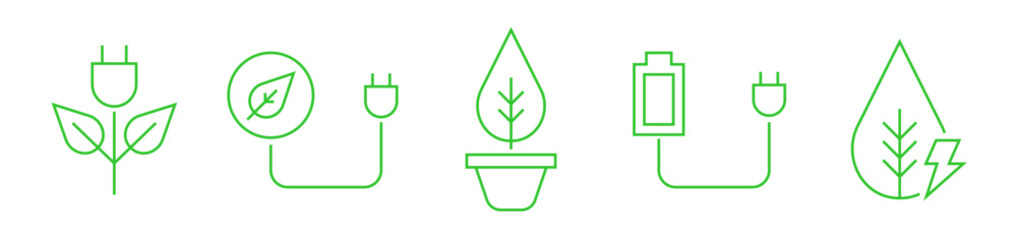 Green renewable energy outline icons design collection set. Electric clean power symbol.
