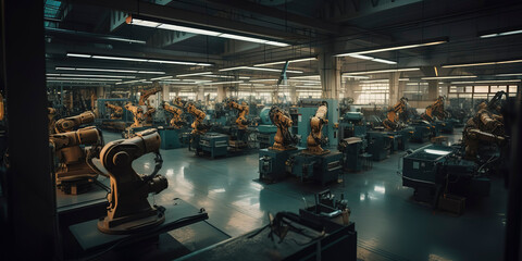 Plakat photo of a factory equipped with many cobot arms as far as the eye can see.