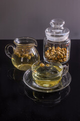Organic Chrysanthemum flower tea in a cup and teapot on black background, Healthy Herbal drink