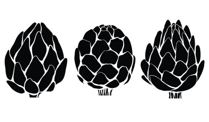 Vector set of black silhouette artichokes isolated from background. Collection icons of head of cabbage healthy vegetables.