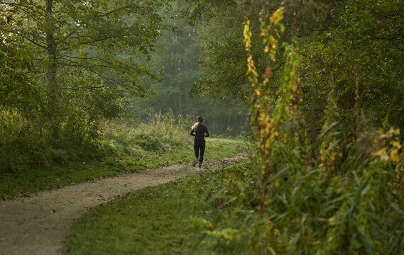 Girl running in the park in the morning. Back view. Fit woman has her morning exrcise outdoor.