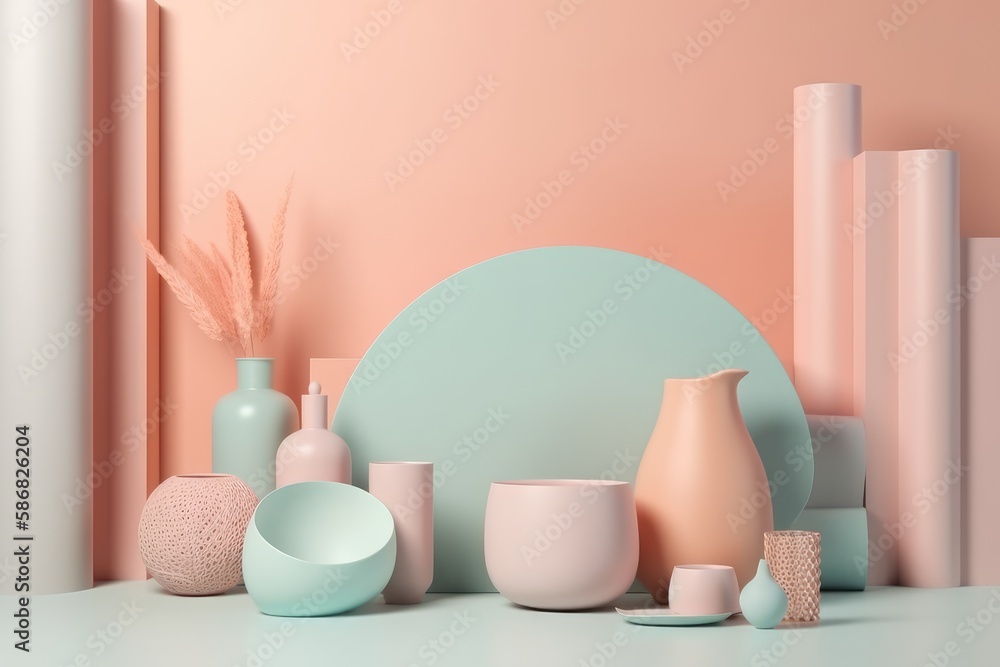 Poster table adorned with a colorful collection of pastel vases. generative ai