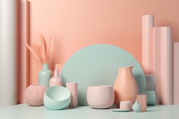 Fototapeta na wymiar table adorned with a colorful collection of pastel vases. Generative AI