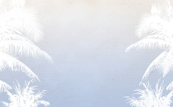 夏イメージのイラスト素材・椰子の木のシルエット ビンテージ背景青系-ふんわり水彩画テクスチャ 色違い・差分有