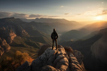 sunset in the mountains and a person is watching, generative AI