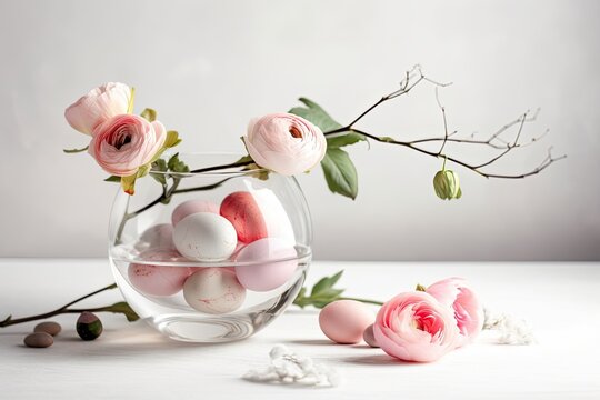 vase filled with pink flowers and Easter eggs. Generative AI