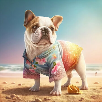 Bulldog summer beach attire outfit. Summer bull dog small breed doggy wearing cute costume clothing. Generative AI.
